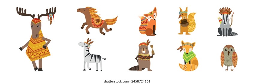 Funny Animal Character with Ethnic Ornament Vector Set