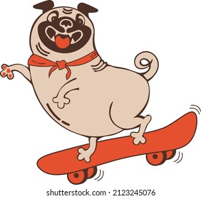 Funny animal character the happy pug riding a skateboard drawing in flat style