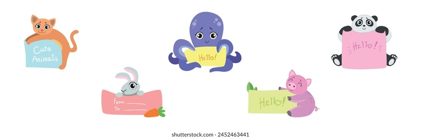 Funny Animal Character Holding Banner or Placard Vector Set