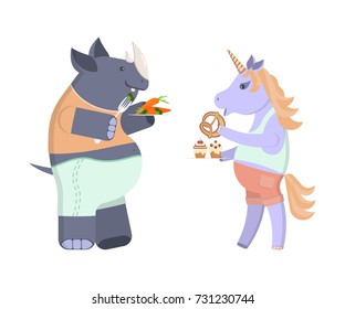 Funny animal character on a diet. Unicorn eats buns and sweets. Rhino with broccoli and carrots. Vector illustration eps 10