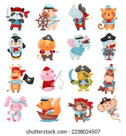 Funny Animal Character Pirates and Sailors Sailing and Seafaring Big Vector Set