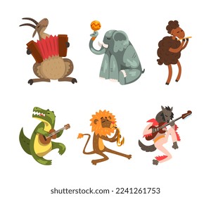 Funny Animal Character Playing Different Musical Instrument Performing Concert Vector Set