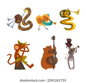 Funny Animal Character Playing Different Musical Instrument Performing Concert Vector Set