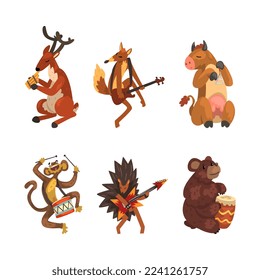 Funny Animal Character Playing Different Musical Instrument Performing Concert Vector Set