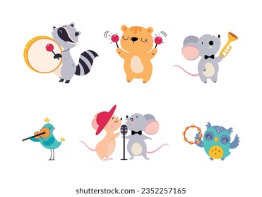 Funny Animal Character Playing Musical Instrument Performing Concert Vector Illustration Set