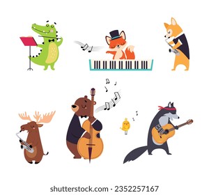 Funny Animal Character Playing Musical Instrument Performing Concert Vector Illustration Set