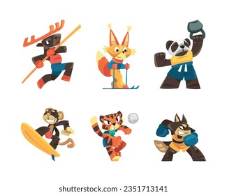 Funny Animal Character Playing Sport Game Vector Illustration Set