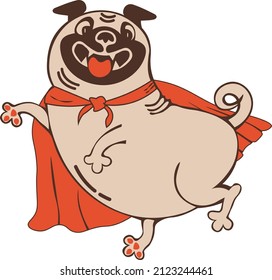 Funny animal character smiling pug in red cloak superhero comic style