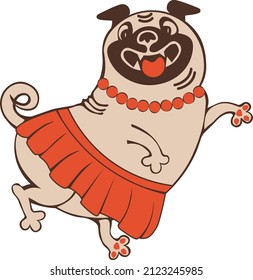 Funny animal character smiling pug girl posing and wearing red skirt