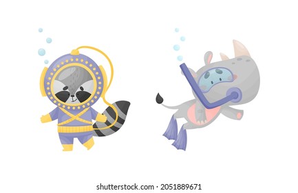 Funny Animal Character Snorkeling and Diving Underwater in Suit and Goggles Vector Set