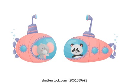 Funny Animal Character Swimming Underwater on Submarine Vector Set