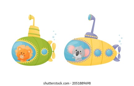 Funny Animal Character Swimming Underwater on Submarine Vector Set