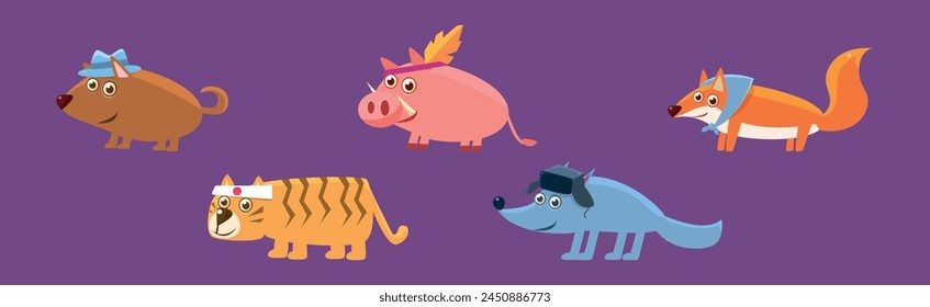 Funny Animal Character Wearing Hat Vector Set