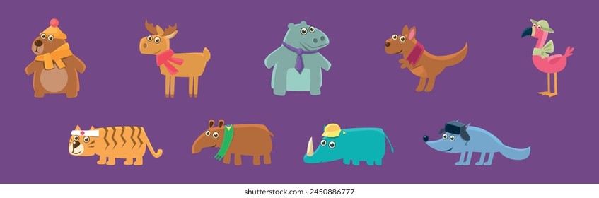 Funny Animal Character Wearing Head Accessory Vector Set