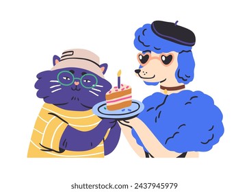 Funny animal characters couple celebrating birthday party. Cool cat and dog friends with holiday cake and candle for bday celebration. Flat graphic vector illustration isolated on white background