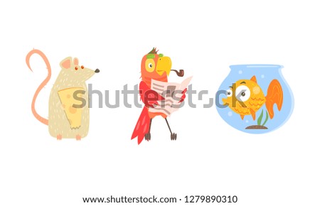 Funny animal characters in different situations, mouse with cheese, parrot reading newspaper, fish in aquarium vector Illustration