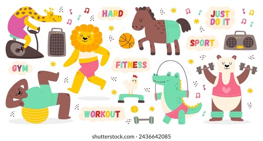 Funny animal characters doing fitness, enjoying sport training workout set. Cute giraffe, lion, bear, horse, crocodile playing ball, jumping skipping rope, exercising at gym vector illustration