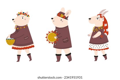 Funny animal characters fox, rabbit and goat in traditional Ukrainian costumes.