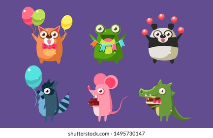 Funny Animal Characters Having Fun at Birthday Party Set, Cute Stickers with Baby Animals, Dog, Frog, Panda Bear, Mouse, Raccoon, Crocodile Vector Illustration