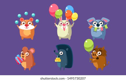 Funny Animal Characters Having Fun at Birthday Party Set, Cute Stickers with Baby Animals, Hamster, Rabbit, Dog, Bear, Hedgehog, Wild Boar Vector Illustration