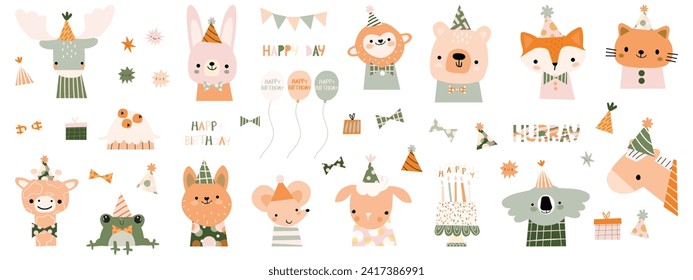 Personajes animales divertidos. Niños, ilustración del vector del bebé. Elementos de cumpleaños felices