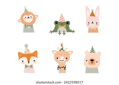 Funny animal characters. Kids, baby vector illustration. Happy birthday elements