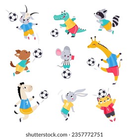 Funny Animal Characters Playing Football Wearing Uniform Passing Ball Vector Set