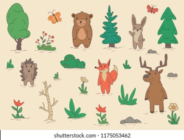 Funny animal characters standing among trees and bushes. Set of flat vector illustrations. Isolated on beige background.