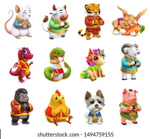 Funny animal in the Chinese zodiac, Rat, ox, tiger, rabbit, dragon, snake, horse, sheep, monkey, rooster, dog, pig. Chinese calendar, 3d vector icon set