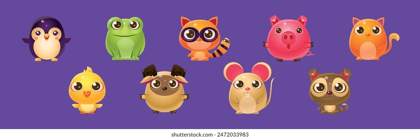 Funny Animal with Cute Face Isolated on Purple Background Vector Set
