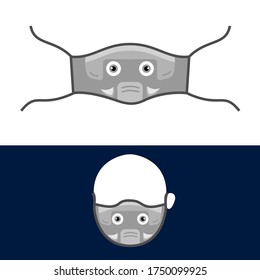 Funny animal design of reusable mask design with cute cartoon elephant face in vector
