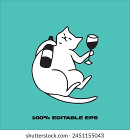 funny animal doing things, coloring art for kids, cat drinking, cute cat, animal cartoon, character concept, drinking glass of wine