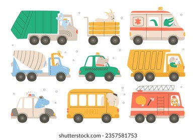 Funny animal driving and riding different special transport, public car and machinery vehicle isolated set on white. Alligator, hippo, dog, rhino, bunny, goat, raccoon and giraffe driver character