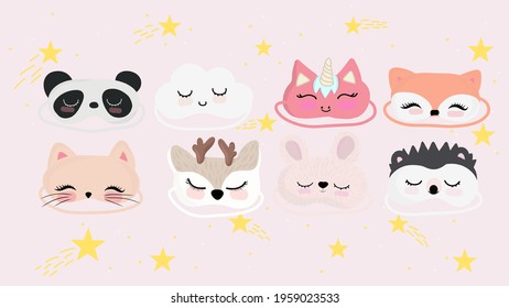 Funny animal eye sleep mask set. Night accessory to healthy sleep, travel and recreation. Vector illustration EPS10