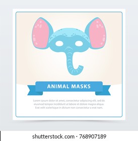 Funny animal face of blue elephant with big ears. Fancy children s mask for masquerade. Party fun symbol. Flat vector design for invitation, greeting card or flyer