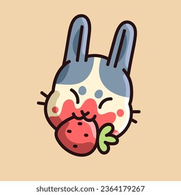 Funny animal face. Happy fluffy bunny muzzle eat strawberry, berry, joyful eared rabbit smile, cute hare. Positive emotion, expression, kawaii kid sticker. Flat isolated vector illustration