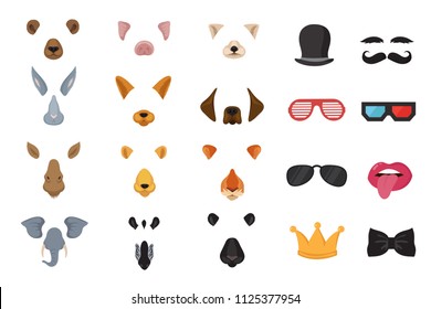Funny animal faces, cartoon masks, photo filters for phone video cat application vector set. Photo mask app, application animal face illustration