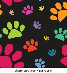 Funny animal footprint seamless pattern, cat paw, vector illustration