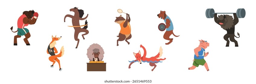 Funny Animal in Gym Do Sport Activity Vector Set