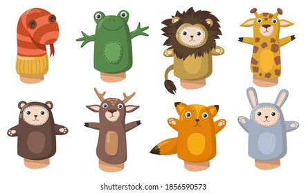 Funny animal hand puppets flat set for web design. Cartoon toys from socks for kids isolated vector illustration collection. Show and home theatre concept