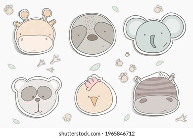 Funny Animal Heads Isolated on White Background. Vector Set with word animal. for textiles, fabrics, children’s designs. 
giraffe, elephant, sloth, rooster, panda, zebra
