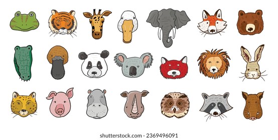 Funny animal heads vector illustrations set.