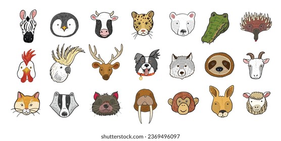 Funny animal heads vector illustrations set.
