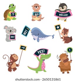 Bandeira de segurança de animal engraçado. Cartoon narval, crocodilo, coala, tartaruga com faixas positivas. Animais selvagens isolados, manifestantes adoráveis hoje em dia vetor clipart