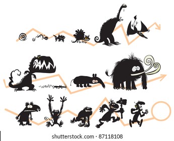 Funny Animal And Human Silhouettes On The Evolution Scale.