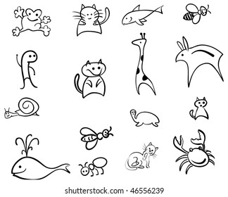 funny animal icons set with cat, whale, zoo frog, snail, bee, giraffe and tortoise