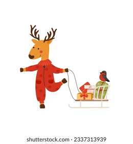 Funny animal illustration in vector. Cute deer holding a rope of sleigh with gifts boxes. Template for New Year cards scrapbooking stickers planner invitations. 