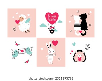 Funny Animal in Love Feel Passion at Valentine Day Vector Illustration Set