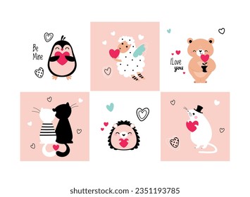 Funny Animal in Love Feel Passion at Valentine Day Vector Illustration Set