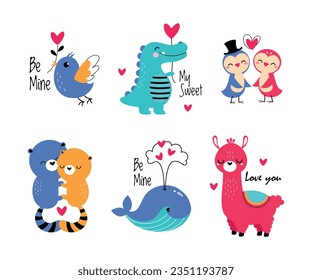 Funny Animal in Love Feel Passion at Valentine Day Vector Illustration Set